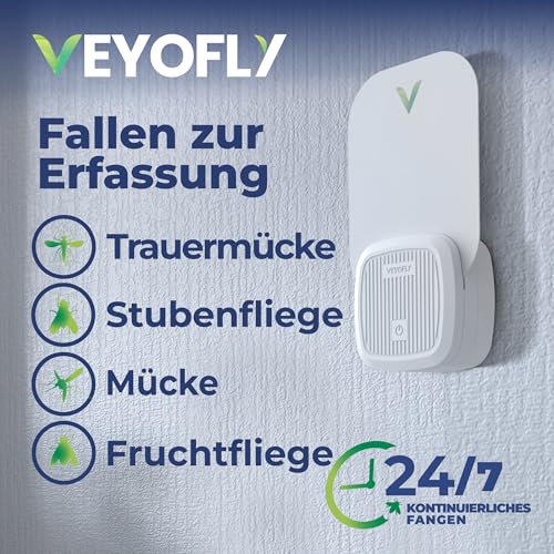 VEYOFLY Indoor Fliegenfalle – Steckdosen-Fliegenfalle für Fruchtfliegen und Stubenfliegen – Geruchlos und sauber (1 Gerät + 3 Klebefallen)
