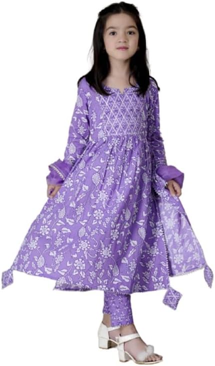 WAISLERayon Hand Block Printed Kurta Pant Set with Dupatta for Kids Girls, Indian Traditional Stylish Printed Kurta & Pant Set for Girls