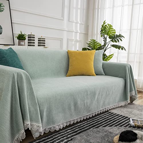 Bestdesil Light Green Sofa Covers, Chenille Couch Covers For 3 Cushion Couch Sofa, Sectional Couch Cover For Dogs Cats, Boho Aesthetic Couch Cover With Lace Edge, 71" X 118" #TOP1