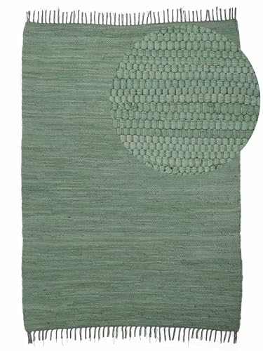 carpetfine Flickenteppich Kelim Chindi Uni Grün 60x90 cm, handgewebt | Fleckerlteppich aus Baumwolle für Wohnzimmermit Fransen