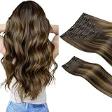 Picture of HOTBANANA Clip in Hair Extensions Real Human Hair, 135g 9pcs 14 inch Dark Brown to Chestnut Brown Straight Remy Clip in Extensions Full Head for Women