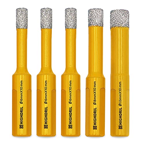 HIGHDRIL 5Pcs Diamond Core Drill Bit,Diameter 6/6/6/8/10mm Vacuum Brazed Hole Saw for Concrete Granite Marble Glass Porcelain Tile Masonry Brick,Triangle shanks