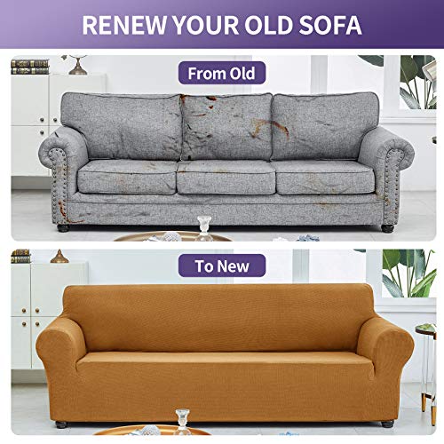 Joccun Stretch Couch Cover Slipcovers, 1-Piece Water Repellent Sofa Covers For 3 Cushion Couch Spandex Jacquard Washable Furniture Protector Cover For Living Room,Kids,Pets(Sofa,Gold) #TOP5