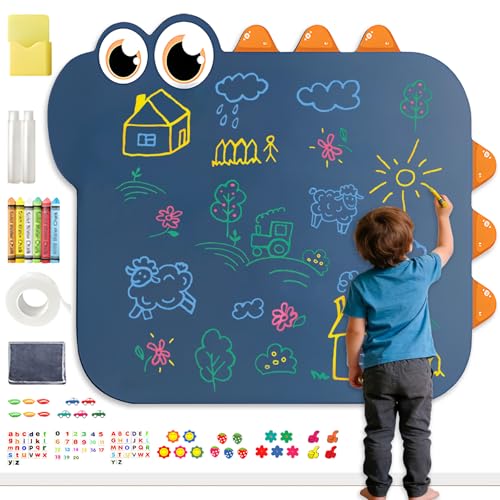 Magnettafel Kinder Dinosaurier Stil 68x88cm Magnettafel für Kinderzimmer kein Bohren erforderlich Einfache Installation Enthält Staubfreie Kreide 10 Sätze Magnetsets Magnetische Aufbewahrungsbox