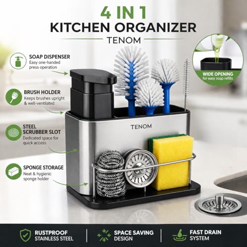 Image of TENOM Soap Dispenser for Kitchen Sink with Sink Organiser & Sponge Holder, Stainless Steel Rust Proof Dishwasher Safe Space Saving Dishwashing Liquid Rack Organizer (Silver)