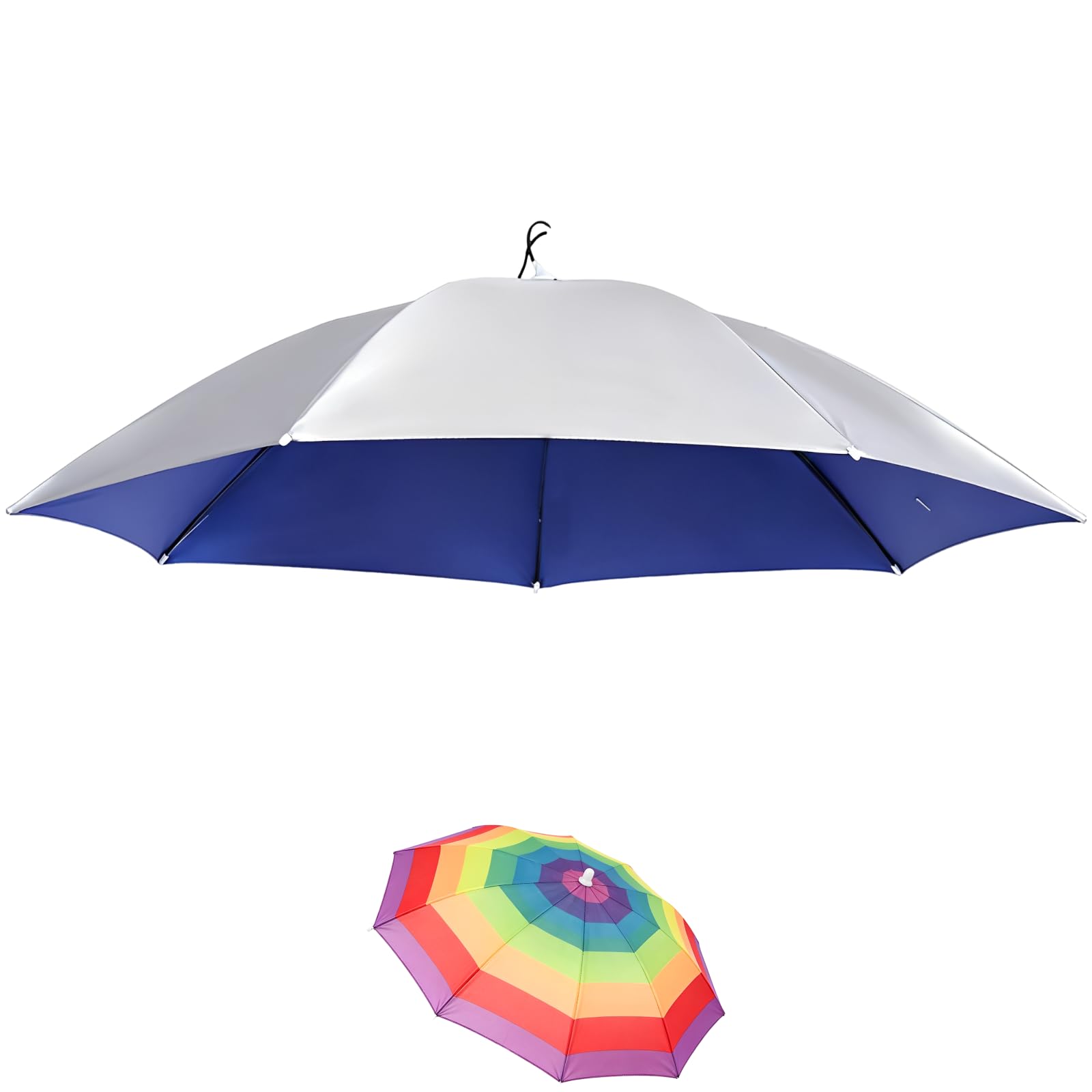 Lot de 3 chapeaux parapluie mains libres, bleu et multicolore, protection soleil et pluie pour la pêche, ajustement réglable, revêtement argenté, pour jardinage, randonnée et travaux