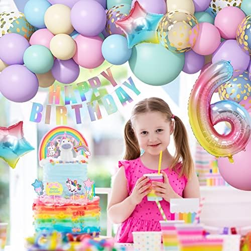 6th Unicorn Balloons Arch Garland Set for Birthday Party Decorations Girl, 120Pcs Pastel Macaron Balloon Kit with Confetti Purple Pink Huge 3D Unicorn Foil Age Balloons Happy Birthday Banner