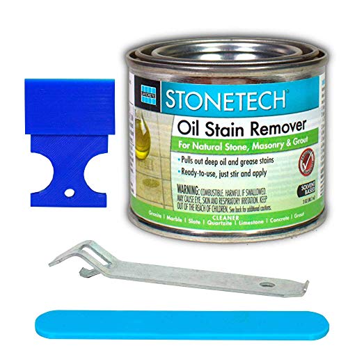 Stone Spot Stain Remover for Marble Granite and Quartz DYI Bundle - 3 Oz StoneTech Oil Stain Remover - 2 Inch Plastic Putty Spatula - 4 Inch Stir Stick and Can Opener