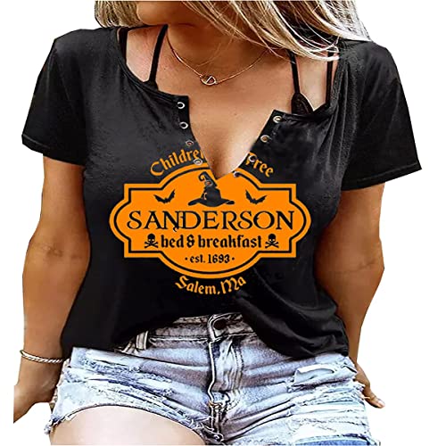 Plus Size Halloween V-Neck T-Shirt Women Sanderson Witch Museum Graphic Tees Hocus Pocus Short Sleeve Shirts Tops2