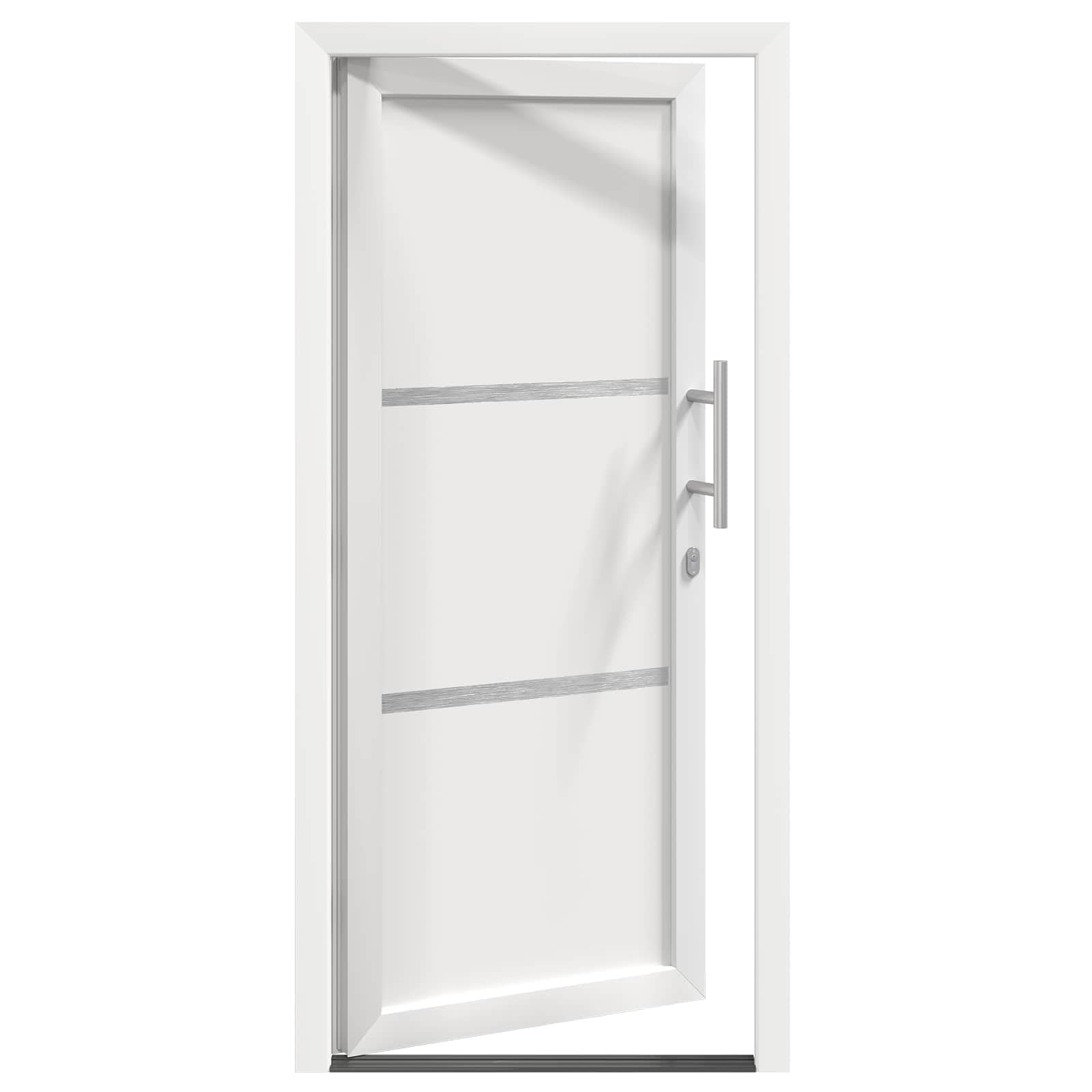 Drzwi wejściowe, białe, 98 x 208 cm, skrzydło drzwi PCW ze szklanymi wkładkami, ościeżnica do futryny drzwi, zestaw okuć do wejścia, do domu, do użytku wewnątrz i na zewnątrz, ochrona