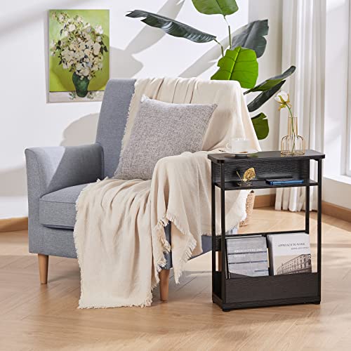 Vintage Narrow Side Table With Storage Shelf, 3 Tier Slim End Table Modern Sofa Table For Narrow And Small Spaces, 24.6 Inch Height Bedside Table Small Nightstand With Magazine Rack/Black #TOP5