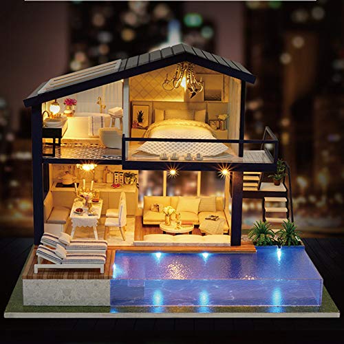 YUACY Puppen Haus Kit,Mini Puppenhaus Modellhaus Poolside Möbel Kit, DIY Modell mit zusätzlicher LED-Lampe – Bild 8