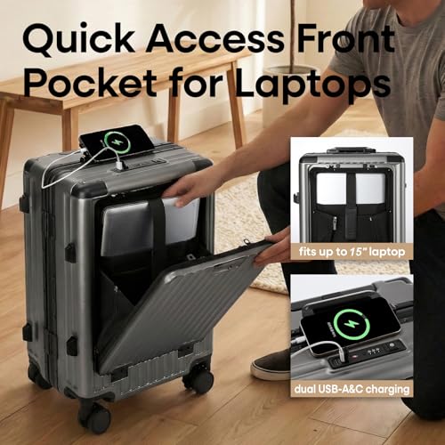 Image of 20 Inch Aluminium Frame Carry On 22x14x9 Airline Approved With compartment, Zipperless Hard Shell Travel Suitcase with TSA Approved Cup Holder USB Port Holder for Women Men,Grey