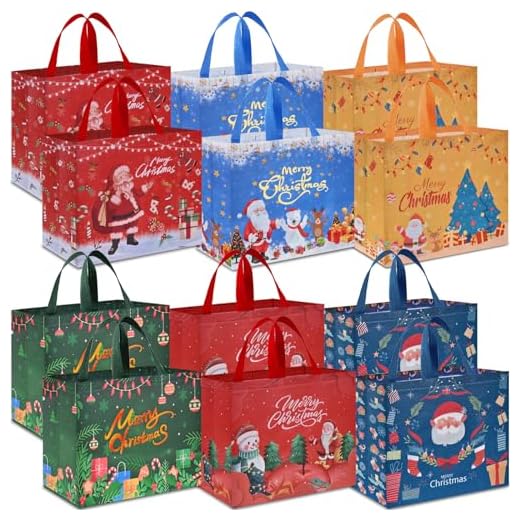 Ahfulife 12 Bolsas de Regalo Navideño, Bolsas de Comida no Tejidas Navideñas Reutilizables, Fiestas de Eventos, Bolsos con Manijas, Bolsos de Regalo Festivo, Compras (12 Piezas)