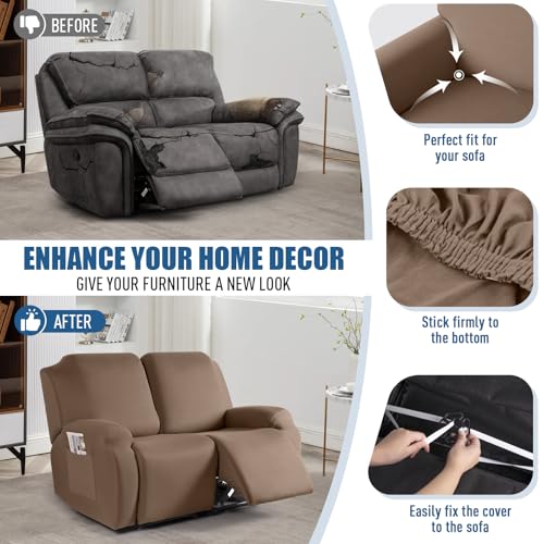 Image of TAOCOCO Recliner Loveseat Slipcover, 2 Pieces Polyester Fabric Stretch Sofa Covers for 2 Seat Reclining Couch, Soft Washable Furniture Protector with Pockets (2 Seat, Light Coffee)