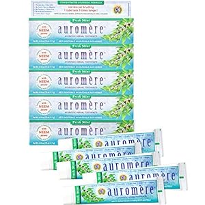 Auromere Ayurvedic Herbal Toothpaste, Fresh Mint – Vegan, Natural, Non GMO, Flouride Free, Gluten Free, with Neem & Peelu (4.16 oz), 5 Pack