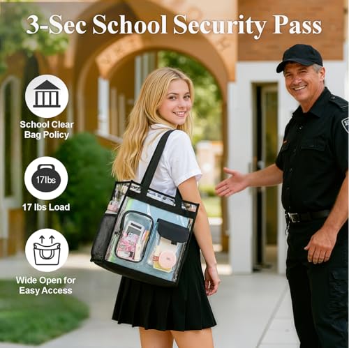 Image of PACKISM Clear Tote Bag for School - Large Heavy Duty Clear Tote for Girls | See Through PVC, Wide Zipper Opening, Front Pocket Keeps Essentials Visible for Students, Class, Work, Daily Carry, Age 12+