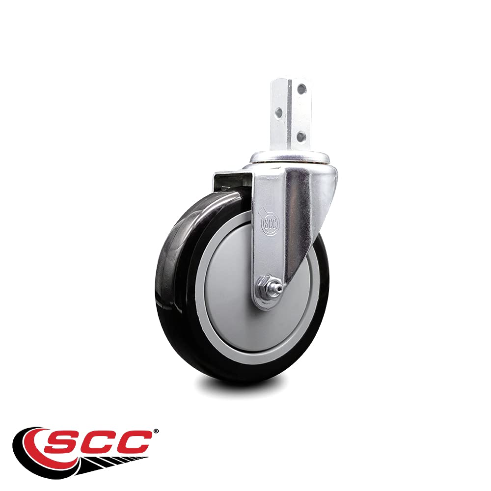 Swivel Square Stem Caster w/5” x 1.25” Black Non-Marking Polyurethane Wheel – 3/4” x 2” Square Stem with (3) 17/64” Diameter Mounting Holes – 350 lbs. Capacity/Caster – Service Caster Brand