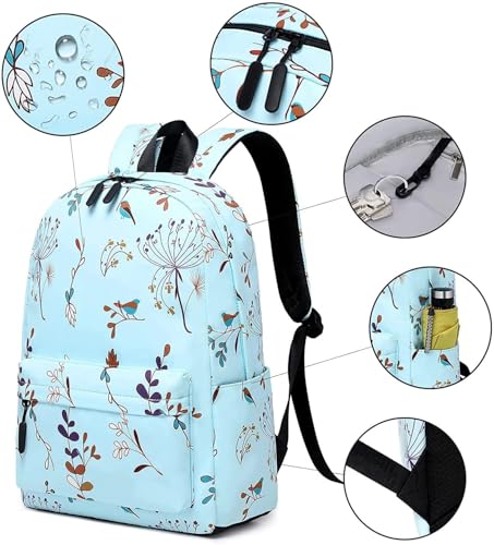 Image of Floral Print Backpack, Light Blue, Girls School Bag with Bird Pattern, Casual Daypack