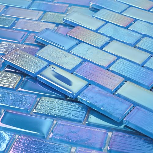 Diflart Glass Mosaic Tiles Iridescent Blue 1x2 Inch Brick Glass Linear Tile for Swimming Pool Kitchen Backsplash Shower Bathroom Waterline Fountain Wall Pack of 5 Sheets