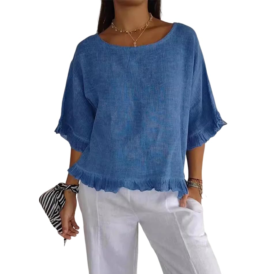 ZOCAVIA Women's Cotton Linen Blouses 2025 Summer Short Sleeve V Neck Ruffle Tops Casual Loose T Shirts Beach Vacation Blouse