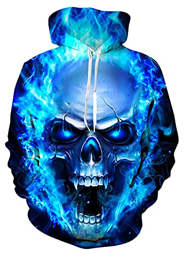 Hoodies For Men Cool 3D Blue Skull Sweatshirt Adult Fall Winter Young Men Pullover With Design Size M Fashion Women Graphic Outerwear Clothes For Teen Boys #TOP15