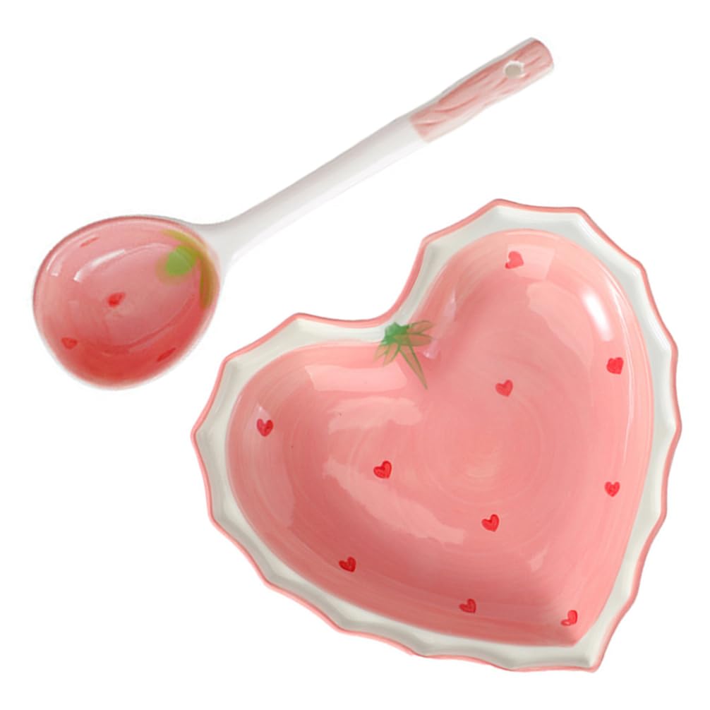 Heart Shaped Ceramic Dessert Plate Candy Bowl with Spoon Cute Strawberry Fruit Appetizer Serving Bowl Sushi Dinner Plate Snack Serving Platter 6 inches