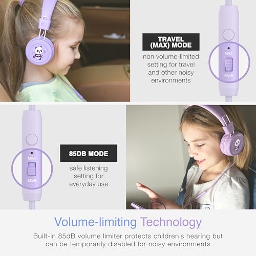 Image of MEE audio KidJamz KJ55 Wired Children's Headphones with 3.5mm Plug, Colorful Graphics, Volume Limiter & Microphone, Adjustable On-Ear Kids Headset for Online Learning /School /Travel /Tablet (Lavender)