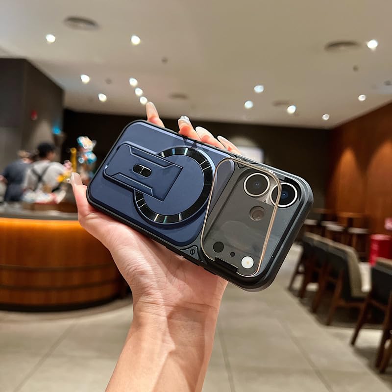 Image of LuxuryKase Hybrid Armour Case for iPhone 17 | Built-in Foldable Kickstand | Flip Camera Lens Protection Frame Design | MagSafe Compatible | Rugged PC & TPU Cover - Blue
