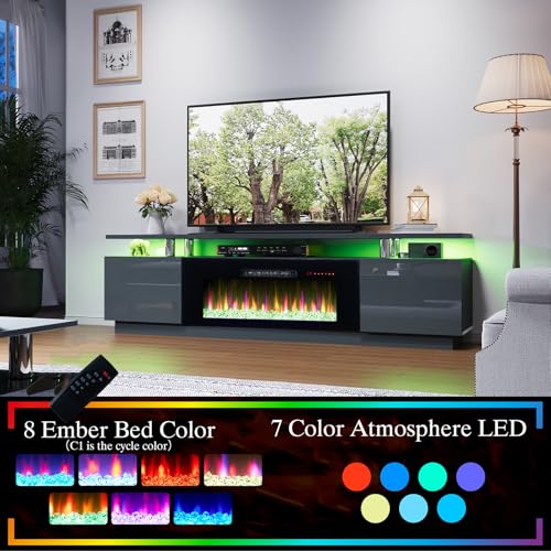 Image of AMERLIFE 80 inch High-Gloss Fireplace TV Stand with 40 inch Electric Fireplace | Gray /Black LED TV Console, Modern Living Room Entertainment Center, Fits TVs up to 90 inch, 2 Cabinets, 2-Tier Storage Space