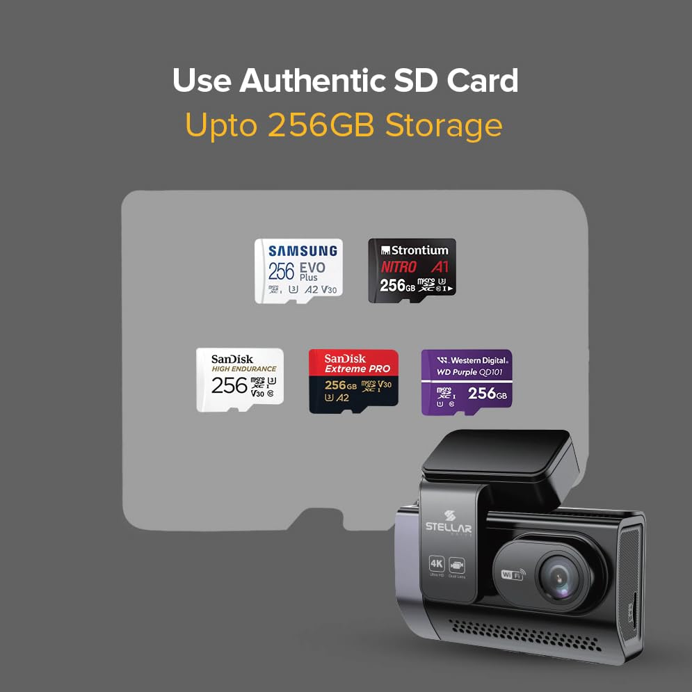 Image of STELLAR DRIVE SD-03 Pro 4k Dual Dash Cam | 4K Front + 2.5K Rear Camera | WiFi App Control | HD Resolution | 3.0 inch IPS Screen | Night Vision | 140 Wide Angle | Loop Recording | G-Sensor