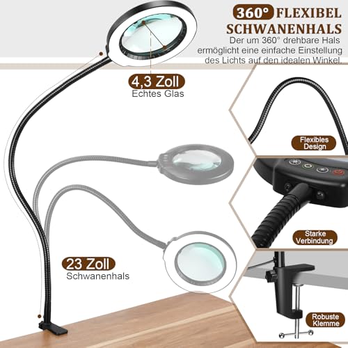 Standlupe Veemagni 10X mit Licht und Klemme aus echtem Glas