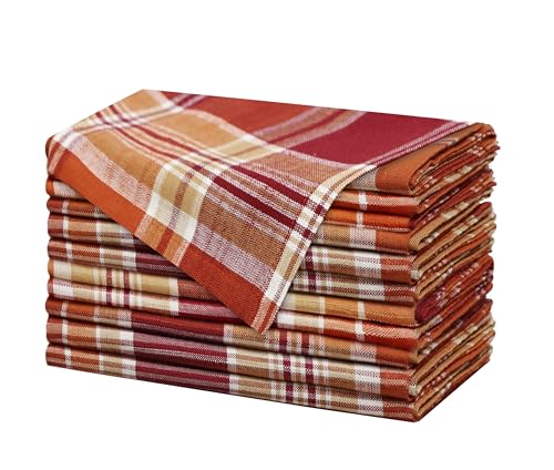 COTTON CRAFT Harvest Plaid Cloth Napkins - Set of 12 Pure Cotton Dinner Napkins - Durable Washable Reusable Soft Napkin -Thanksgiving Napkin - Fall Holiday Party Table Napkin Gift - 17x17 - Rust Multi
