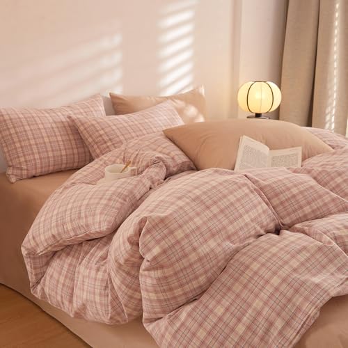 Image of EAVD Pink Gingham Duvet Cover Full Soft Washed Cotton Reversible Grid Plaid Bedding Set with 2 Pillowcases Modern Checkered Grid Duvet Cover with Zipper Farmhouse Gingham Bedding Set for All-Season