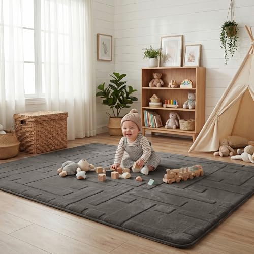 Image of 1.3 inch Thick Baby Play Mat for Floor, 79x118 Foam Play Mats Dark Grey | Padded Memory Foam High-density 1.3 inch Cushioning Floor, Non-Slip Easy Care Tummy Time Crawling Playroom Living Room Nursery