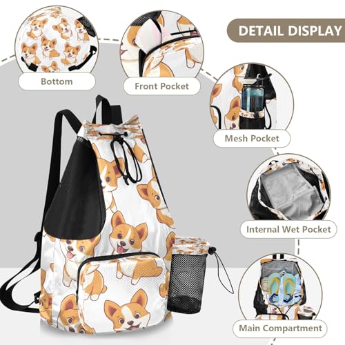 Mesh Gym Swimming Bags for Men & Women, Cute Corgis Dog Pattern Large Drawstring Backpack with Dry-Wet Pocket, Lightweight Gym Bag for Sports, Travel, Beach, Workout Gear4