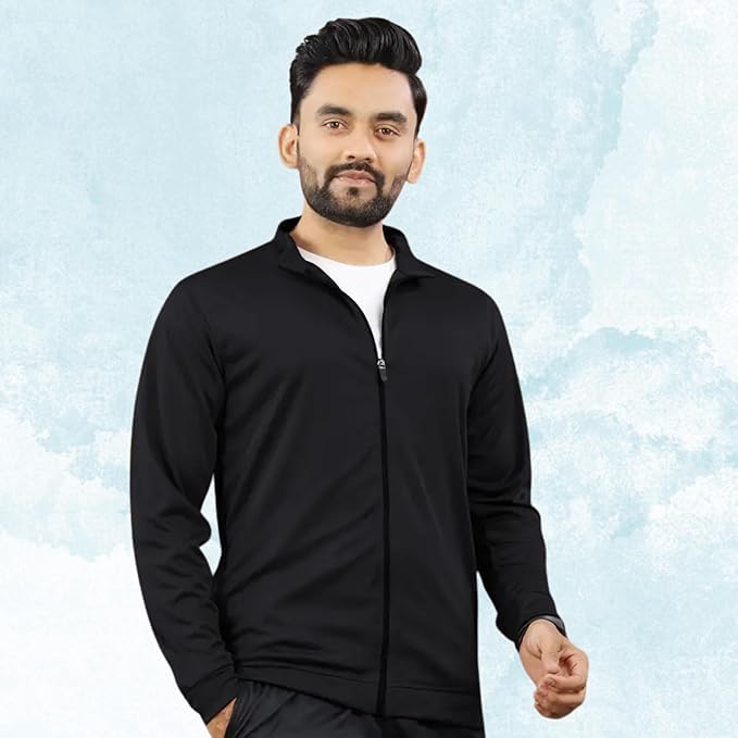 Image of Casual Jackets For Men's Solid Wind Cheater Jacket With Zipper Ribbed Waist And Ribbed Wrist Cuffs For Perfect Fit Casual And Sports Jacket
