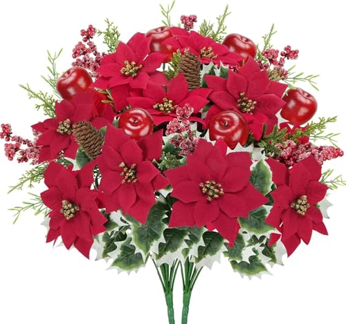 FALSKT Flor de Pascua Artificial Interior Exterior Flores de Pascua Rojas con Manzanas Navideñas, Piñas y Bayas Artificiales para Decoración Navideña Hogar Sala de Estar Tienda 50cm