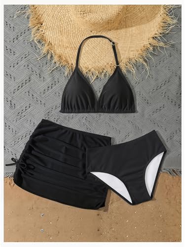Image of RoseSeek Girl's 3 Piece Cute Bowknot Bathing Suit Halter Triangle High Waisted Swimsuit with Beach Cover Up Skirt