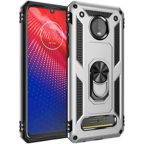 Military Grade Drop Impact for Motorola Moto Z4 Case,Moto Z4 Play Case 360 Metal Rotating Ring Kickstand Holder Magnetic Car Mount Armor Heavy Duty Case Z4 Z4 Play Z4 Force Phone Case (Sliver)