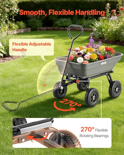Image of VEVOR 400LBS Wheelbarrow, Poly Garden Dump Cart Wagon with 8 inch Flat Free Tires, Heavy Duty Wheel Barrow Yard Cart Dump Wagon with Quick-Release System