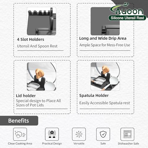 Image of Auoon Silicone Spoon Rest with Lid Holder - 3 in 1 Kitchen Utensil Rest for Soup Ladles, Pot Lids, Spatulas, Spoons, Tongs, BPA Free & Dishwasher Safe, 8.26 x 8.06 Inch (Gray, Large)