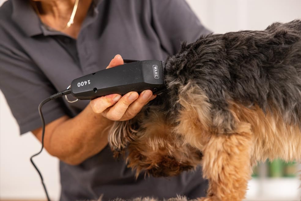Wahl 1400, Tierschermaschine, kabelgebundene Hundeschermaschine, Pflegeset, Pflege von Haustieren zu Hause, präzise geschliffene Klingen, sehr leicht, 4 Aufsteckkämme, schwarz