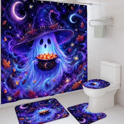 Ensemble rideau de douche fantômes violet lavable avec tapis et crochets - 2