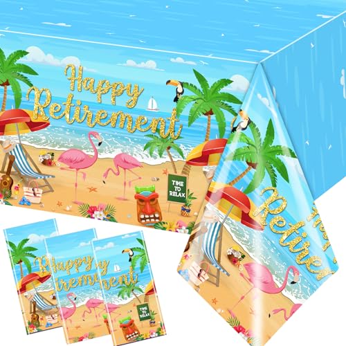 Retirement Tablecloth,Aloha Retirement Party Decorations 3pcs Rectangle Beach Theme Retirement Table Cloth,Waterproof Plastic Retirement Decorations Table Cover for Luau Retirement Party Decorations