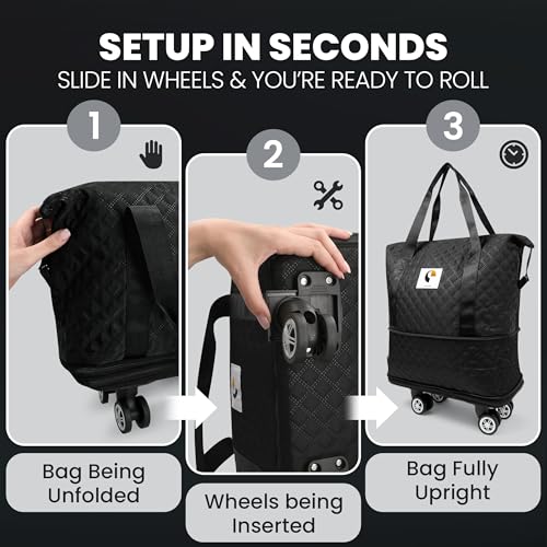 ISOKE Foldable Travel Duffel Bag - TSA Approved - With Wheels & Shoe Compartment - Weekender Bags for Women - Carry On Overnight Bag - Black - 16"×10"×24"4