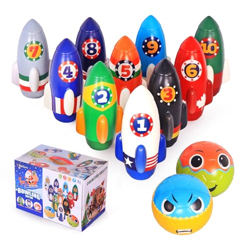 Nattork Rocket Kids Bowling Set - Toddler Bowling Game Indoor Outdoor with 10 Foam Pins 2 Balls, Educational Games Set for Age 4-5,5-12 Kids Birthday...