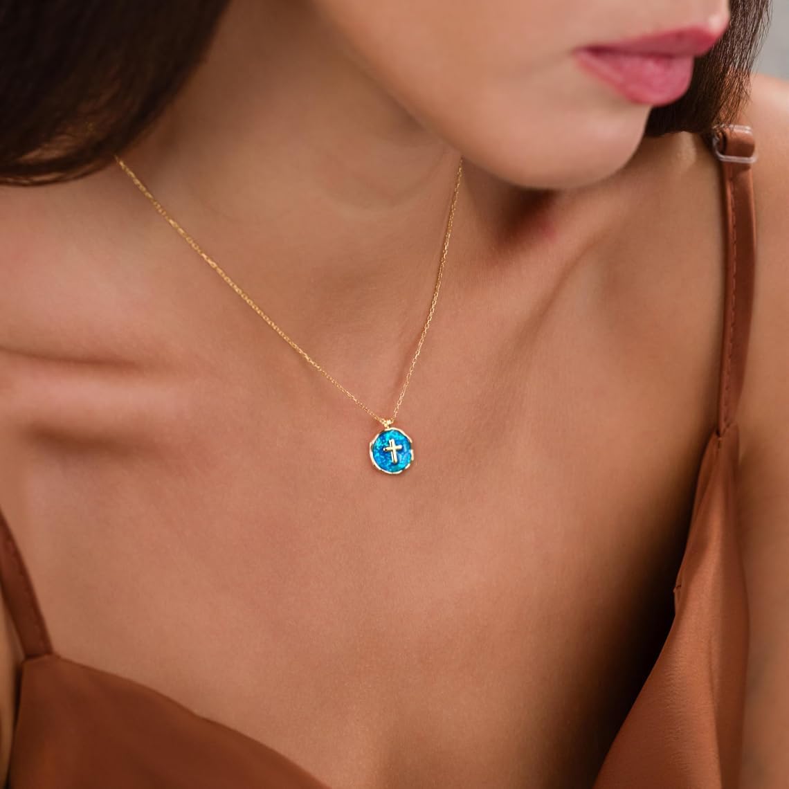 Gold Enamel Mini Cross Necklace Tiny Mother of Pearl Cross Necklace Religious Christian Gift for Baptism First Communion Christmas - Image 4