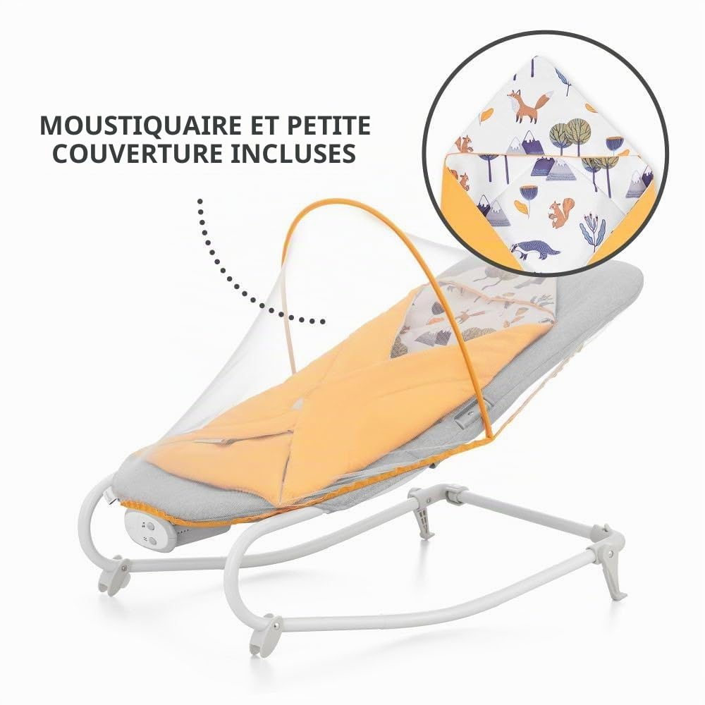 Kinderkraft FELIO2 Transat Bébé evolutif, Balancelle dès la naissance, avec Gigoteuse, Moustiquaire, Arche avec 3 jouets, Extrêmement légère et pliable, Contrôler les vibrations, Jaune