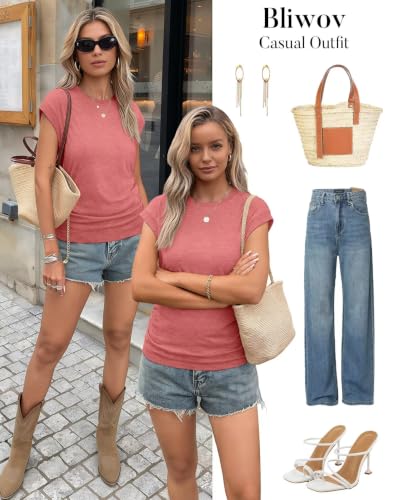 Image of Bliwov Womens Summer Tops Cap Sleeve Crew Neck Casual T Shirts